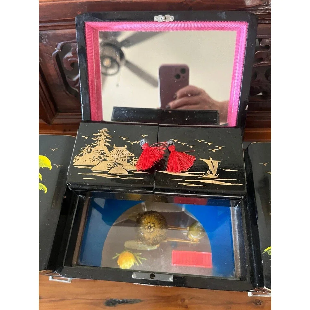 Vintage Toyo Japanese Black Lacquer Music Jewelry Box